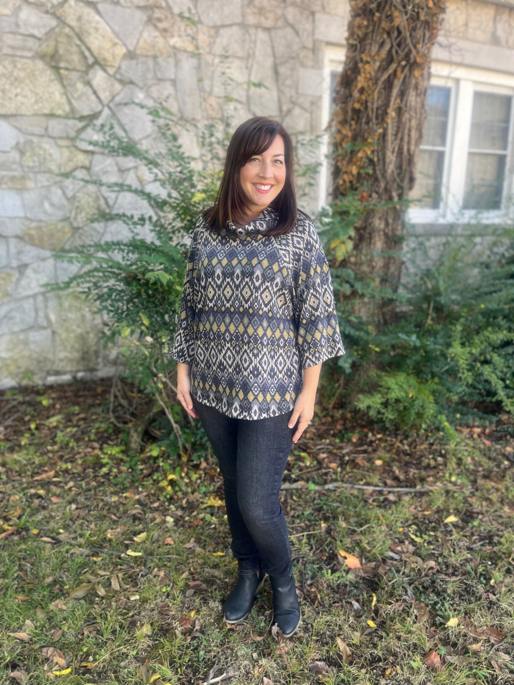 Cowl Neck Top- Charcoal Aztec