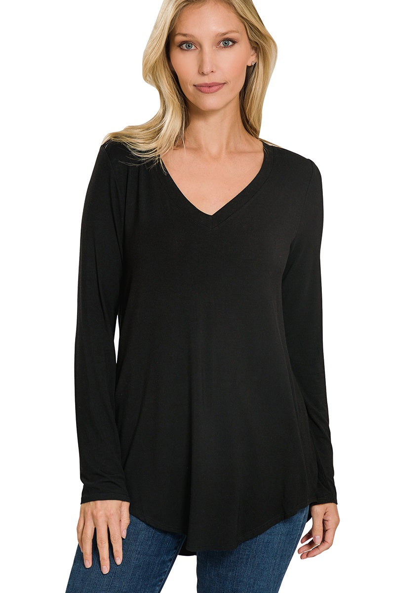 Long Sleeve V-Neck Top- Black