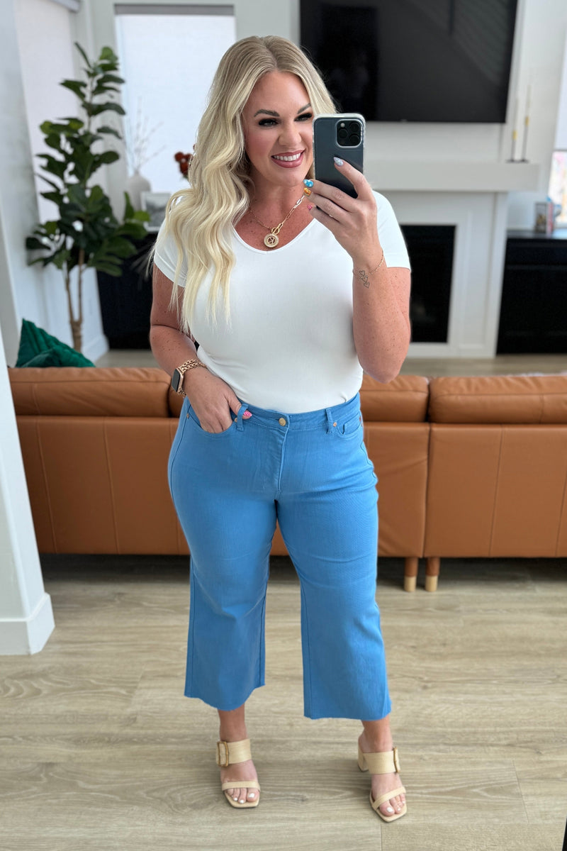 JUDY BLUE Lisa High Rise Control Top Wide Leg Crop Jeans in Sky Blue