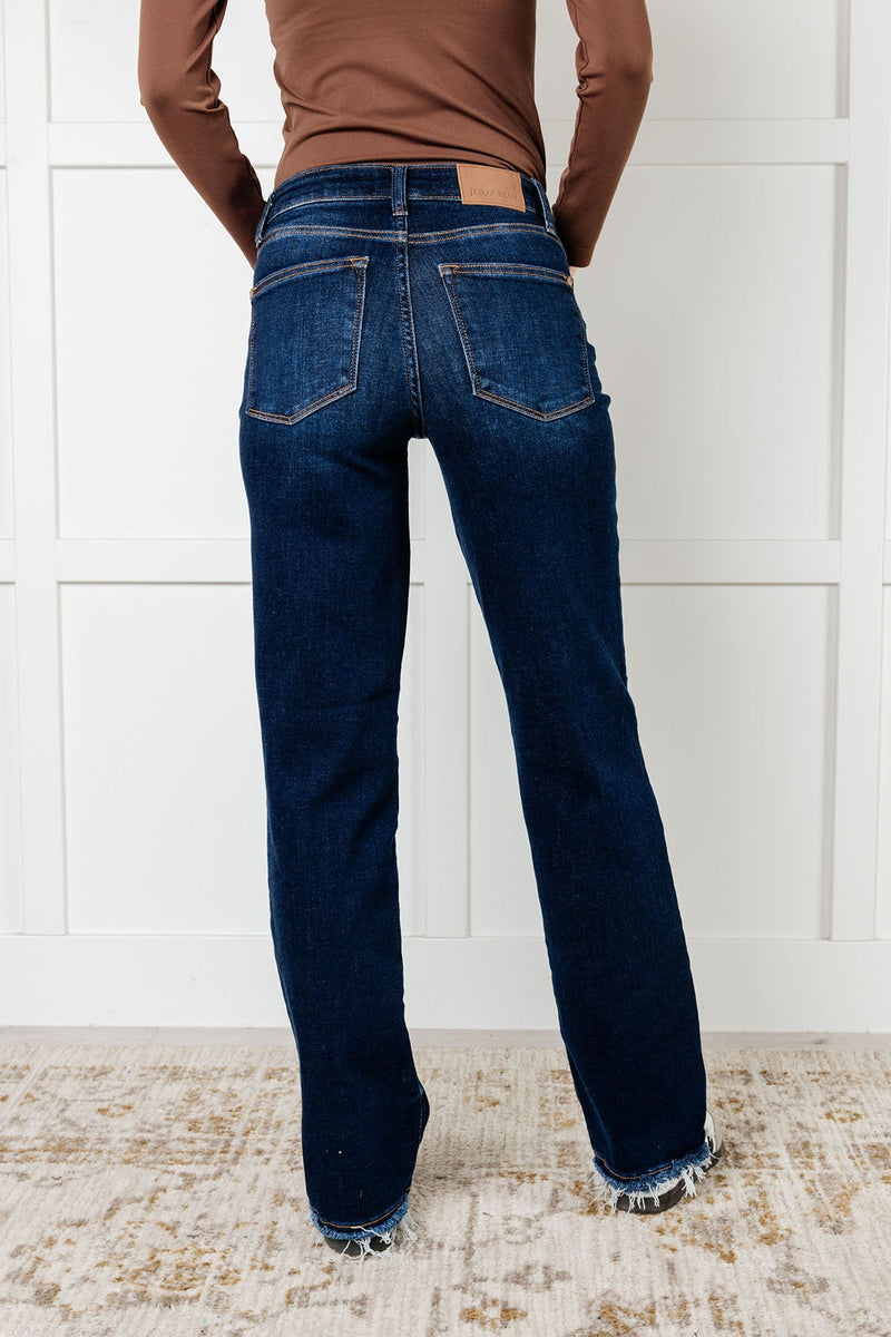 JUDY BLUE Jacqueline Mid Rise Frayed Hem Straight Leg Jean