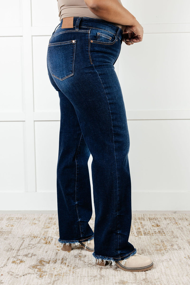 JUDY BLUE Jacqueline Mid Rise Frayed Hem Straight Leg Jean