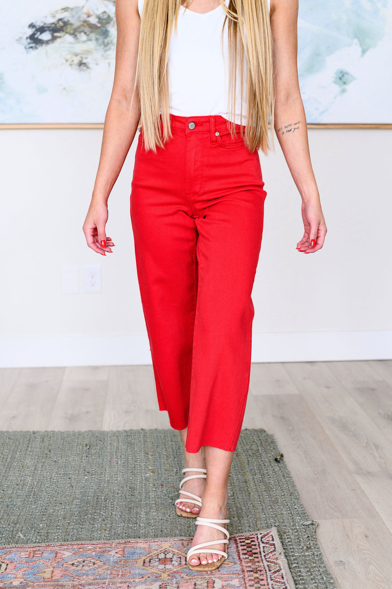 JUDY BLUE Lisa High Rise Control Top Wide Leg Crop Jeans in Red