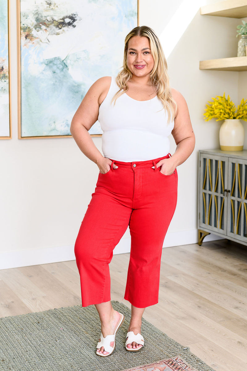 JUDY BLUE Lisa High Rise Control Top Wide Leg Crop Jeans in Red