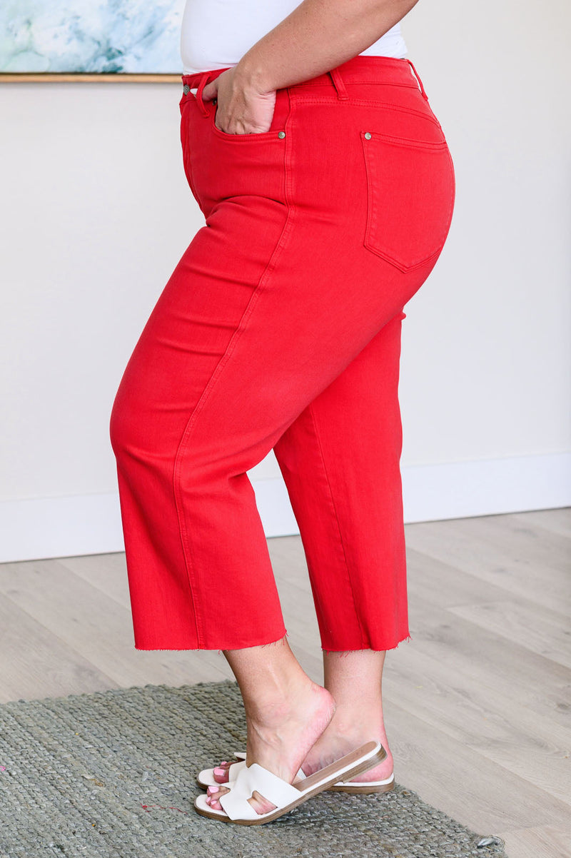 JUDY BLUE Lisa High Rise Control Top Wide Leg Crop Jeans in Red