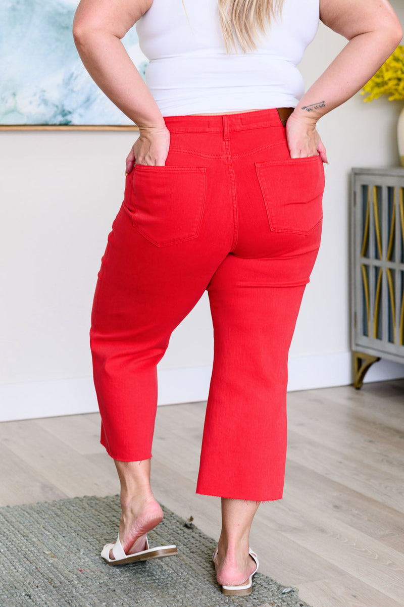 JUDY BLUE Lisa High Rise Control Top Wide Leg Crop Jeans in Red