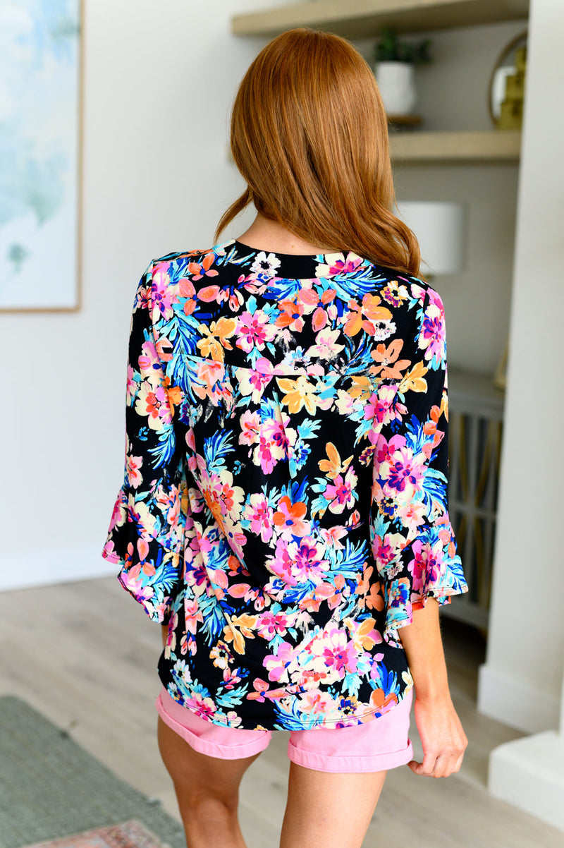 Lizzy Bell Sleeve Top Black and Teal Tropical Floral