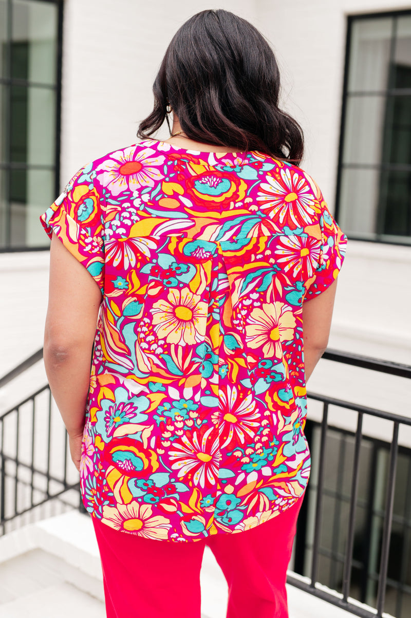 Lizzy Cap Sleeve Top Magenta and Pink Multi Floral