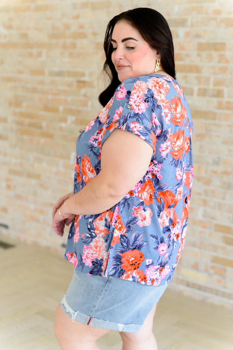 Lizzy Cap Sleeve Top in Dusty Blue and Coral Roses