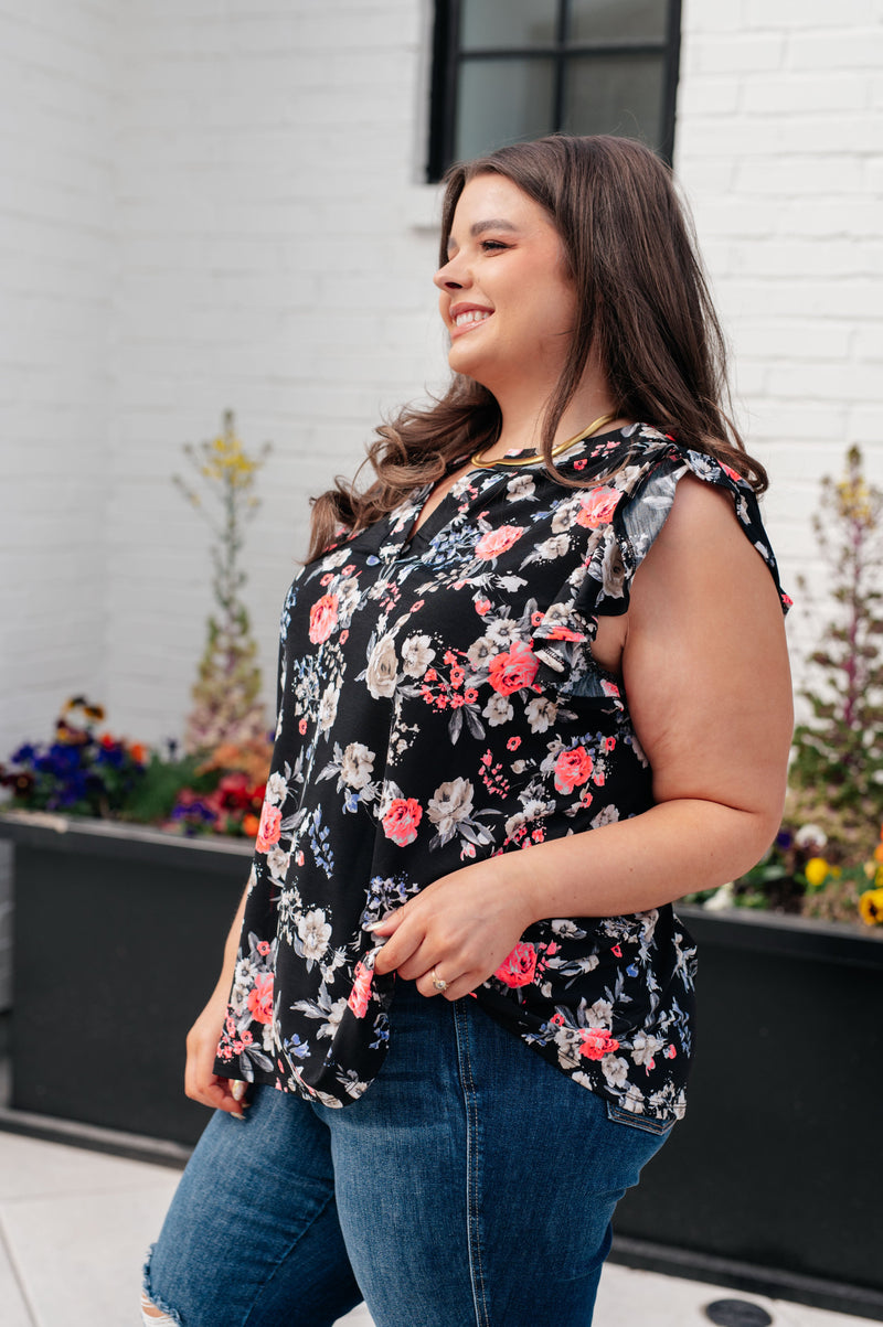 Lizzy Flutter Sleeve Top in Black and Muted Pink Floral