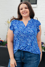 Lizzy Flutter Sleeve Top in Royal Blue and White Floral