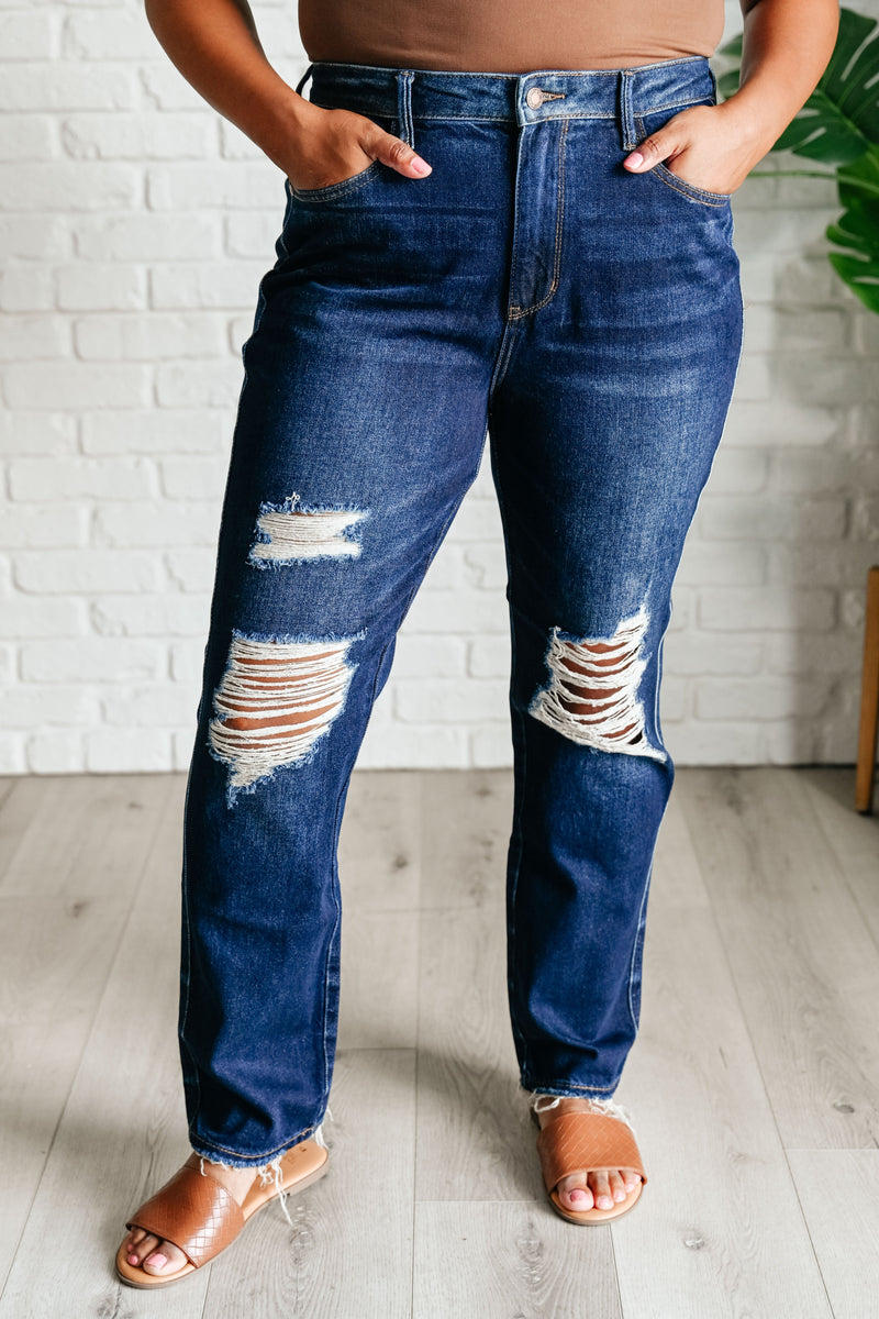 JUDY BLUE Montana High Rise Rigid Magic Distressed Straight Jeans