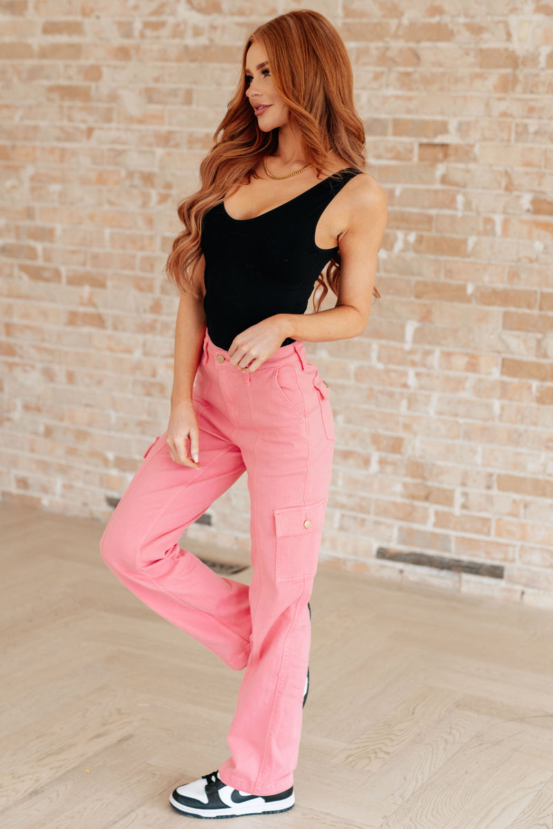 JUDY BLUE Peggy High Rise Cargo Straight Jeans in Pink