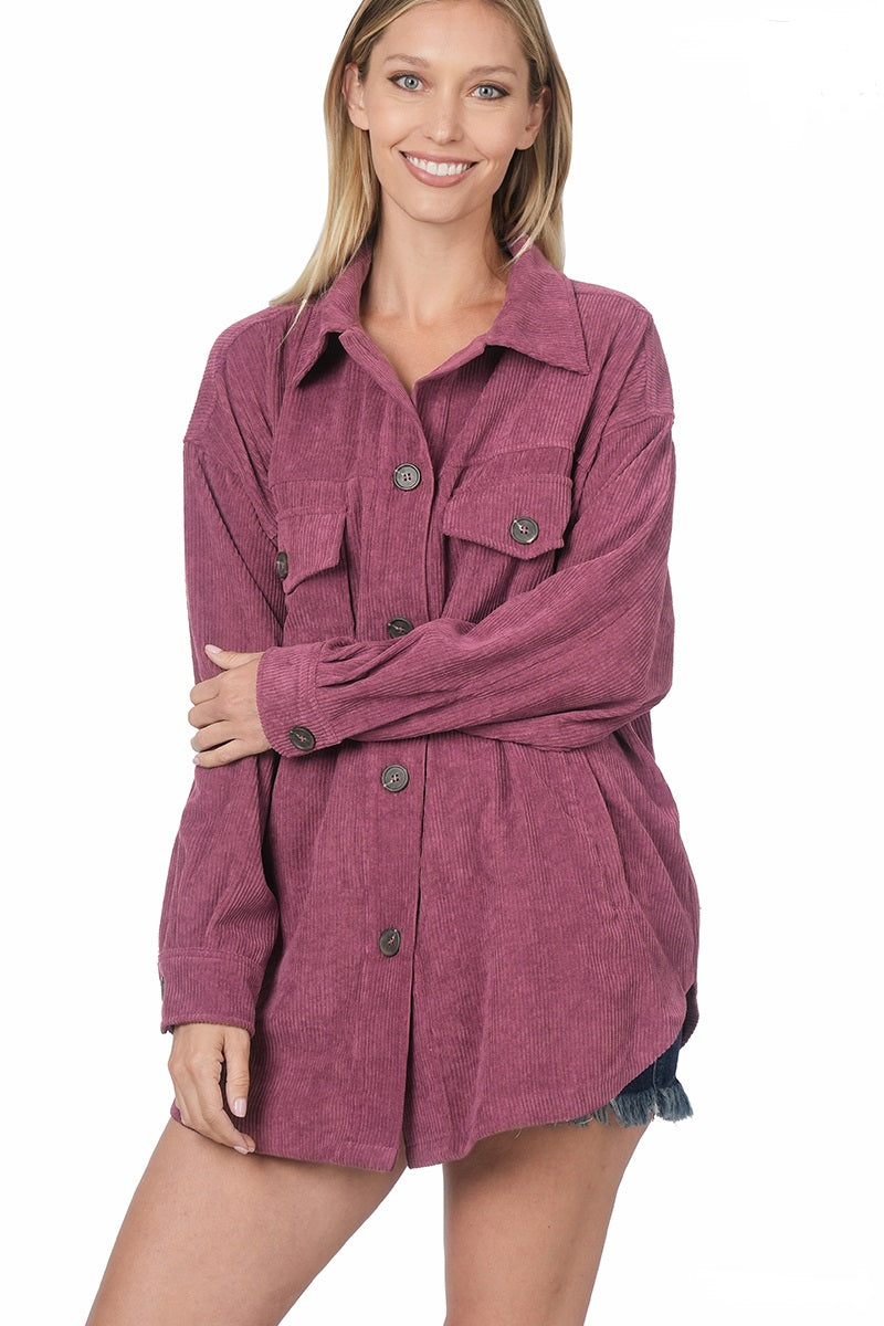 Corduroy Button Front Shacket- Eggplant