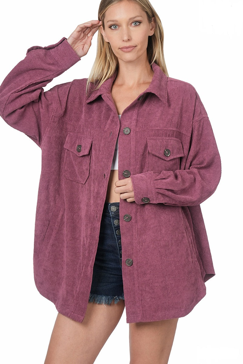 Corduroy Button Front Shacket- Eggplant