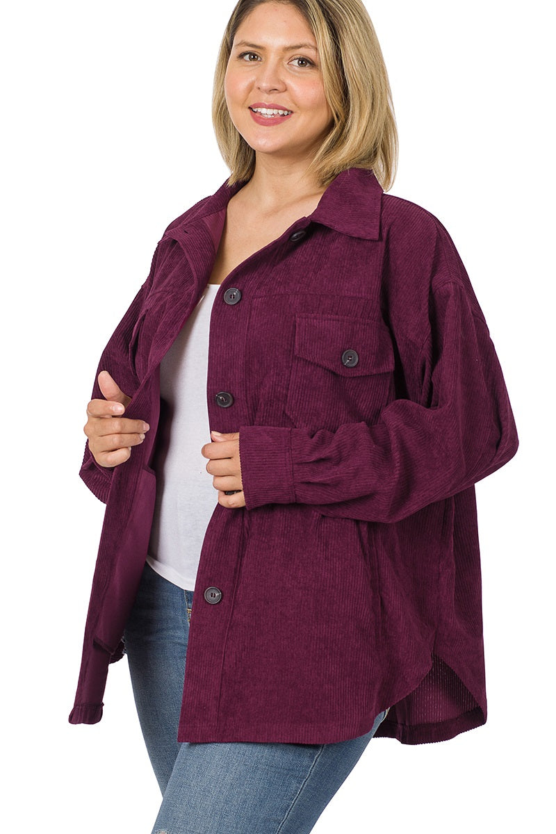 Corduroy Button Front Shacket- Burgundy