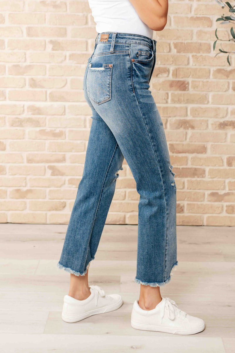 JUDY BLUE Sammy High Waist Distressed Crop Straight Leg Jeans