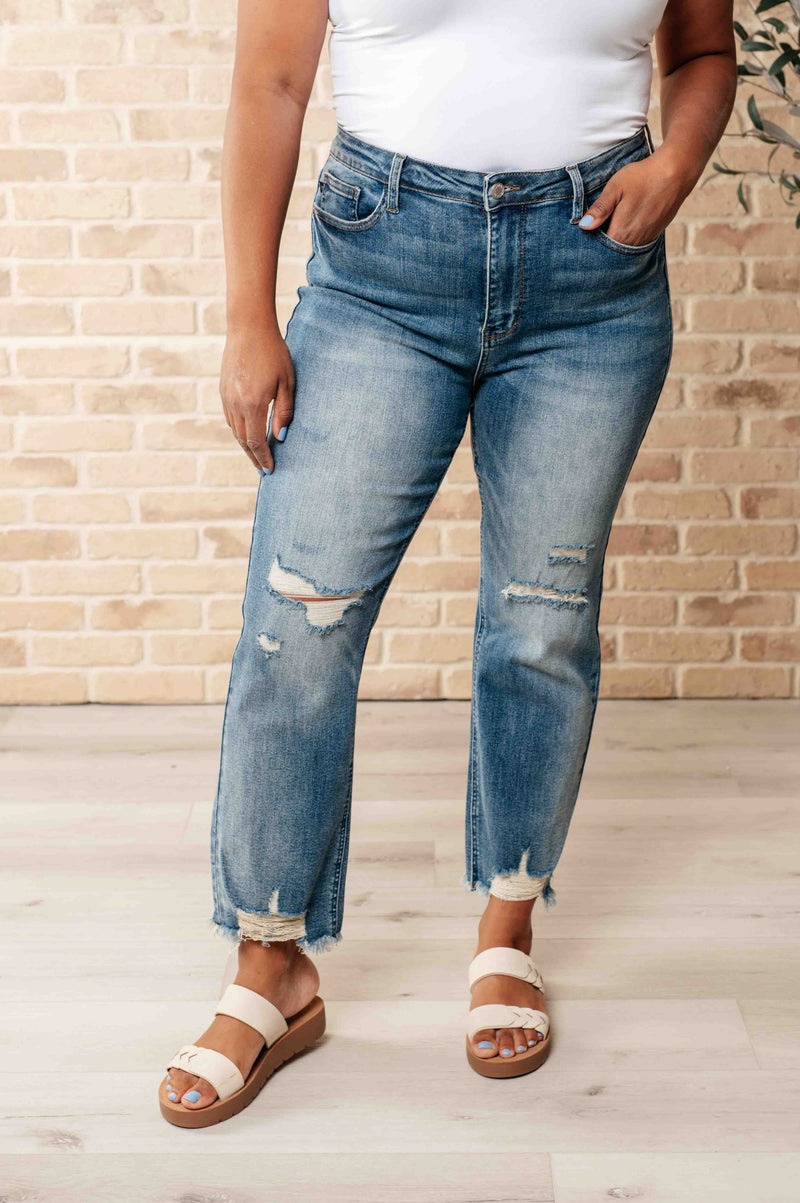 JUDY BLUE Sammy High Waist Distressed Crop Straight Leg Jeans