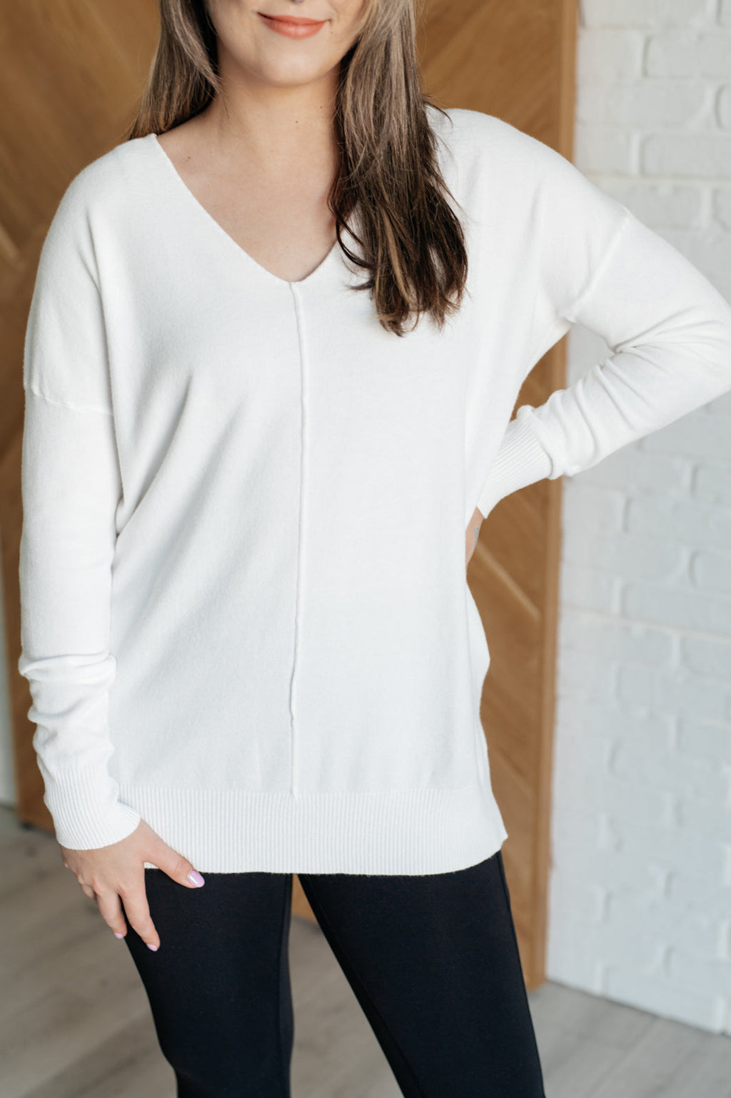 V-Neck Front Seam Sweater in Ivory