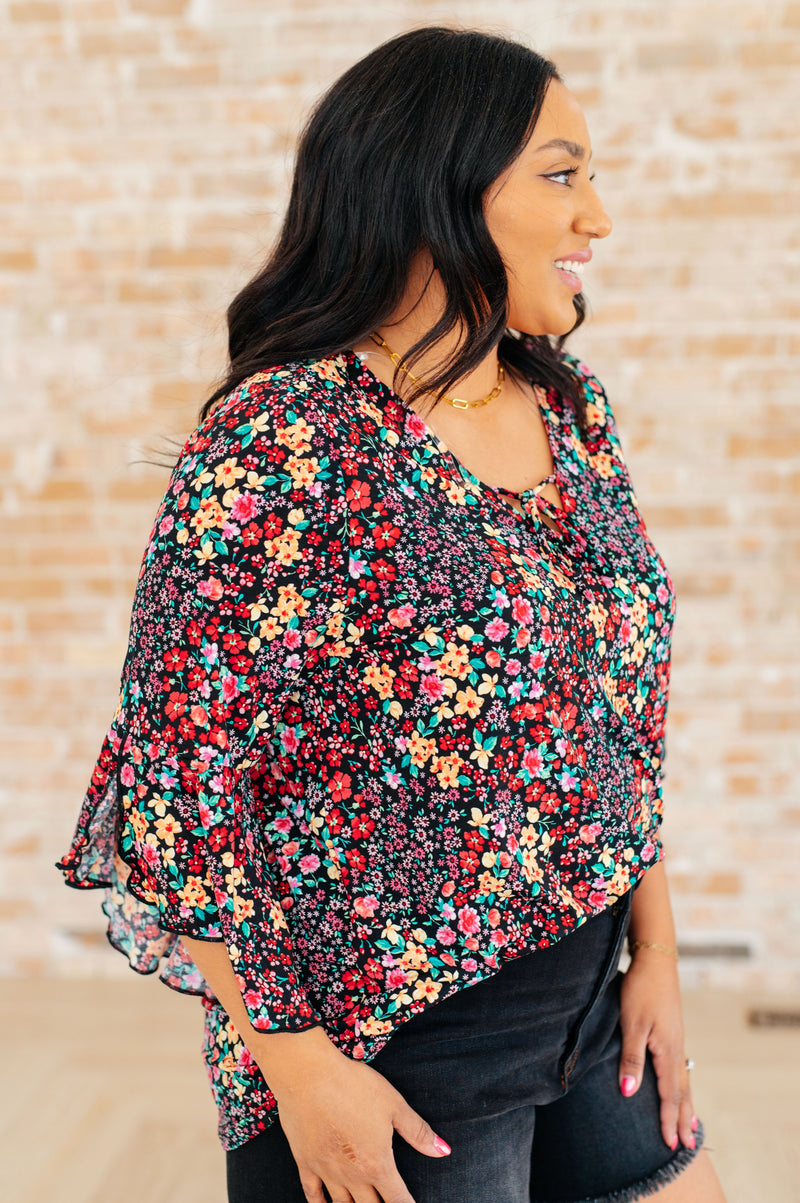 Willow Bell Sleeve Top in Black Multi Ditsy Floral