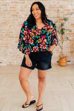 Willow Bell Sleeve Top in Black and Emerald Floral