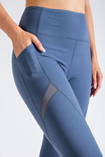 Blue Side Pocket Leggings- Mesh Detail