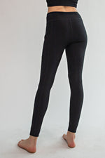 Nylon Rib Side Pocket Leggings- Black