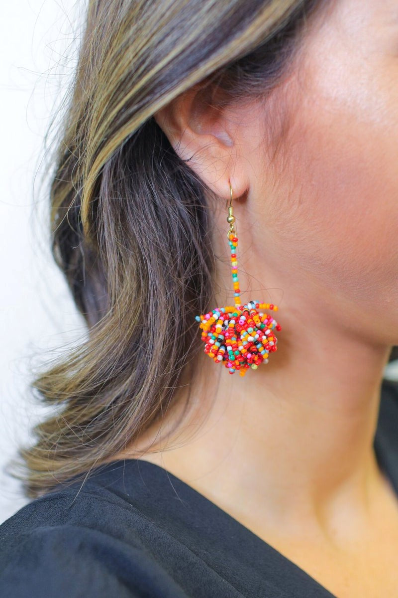 Beaded Pom Earrings