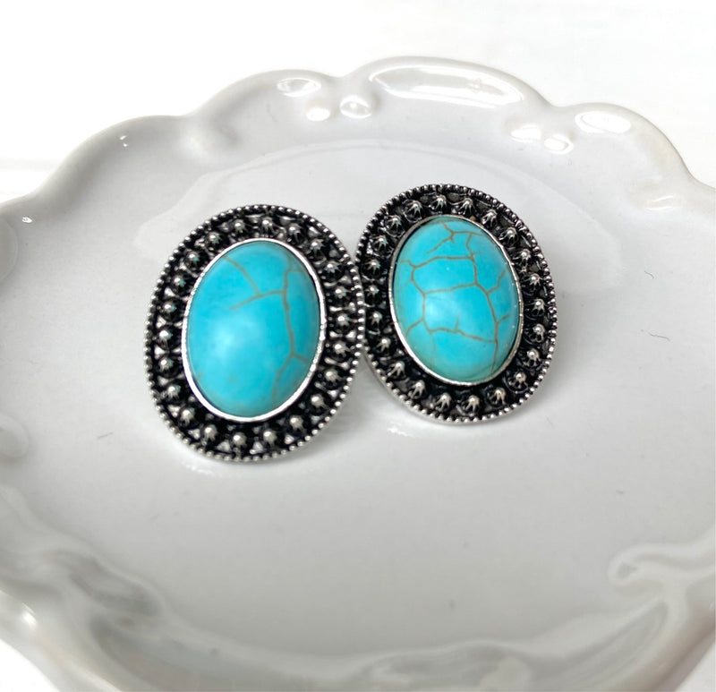 Turquoise Studs- Oval Dotted